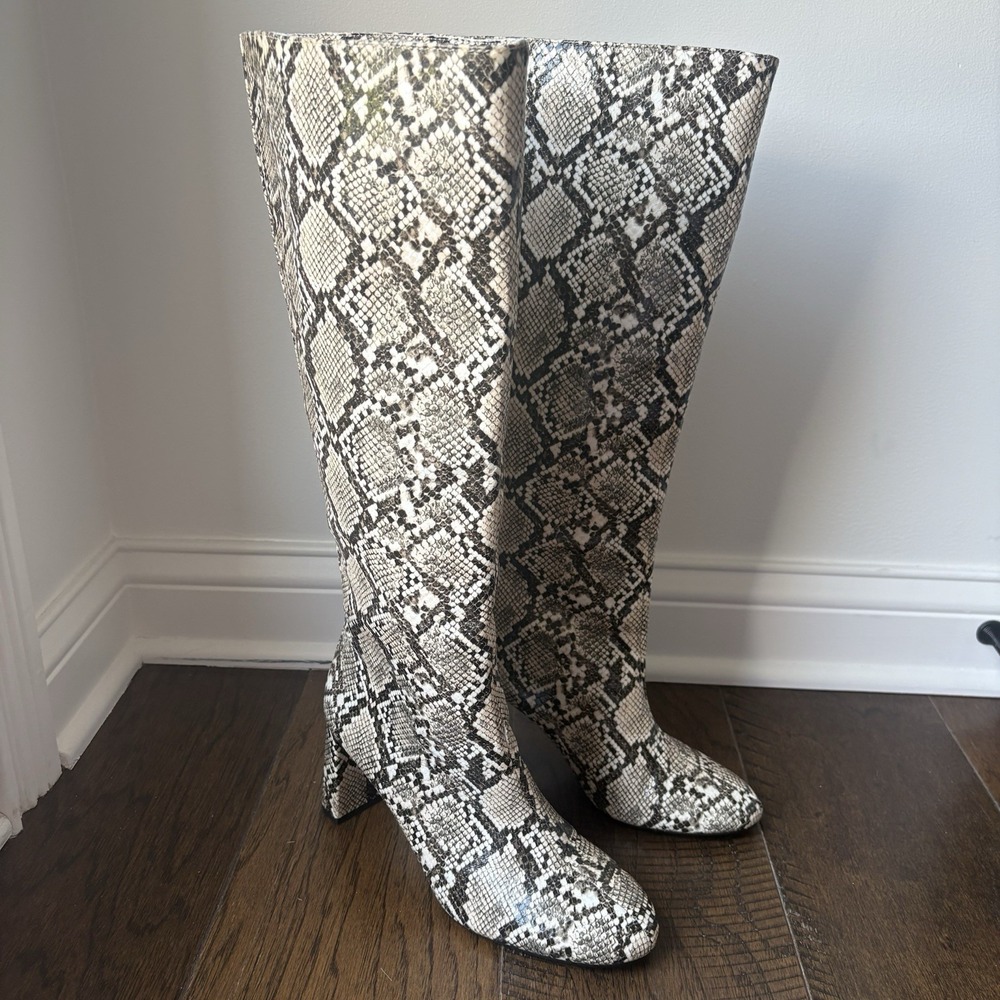 Zara Python Snake Skin Heeled Pull On knee high boots US9 EU40 MobWifeBoldGlam